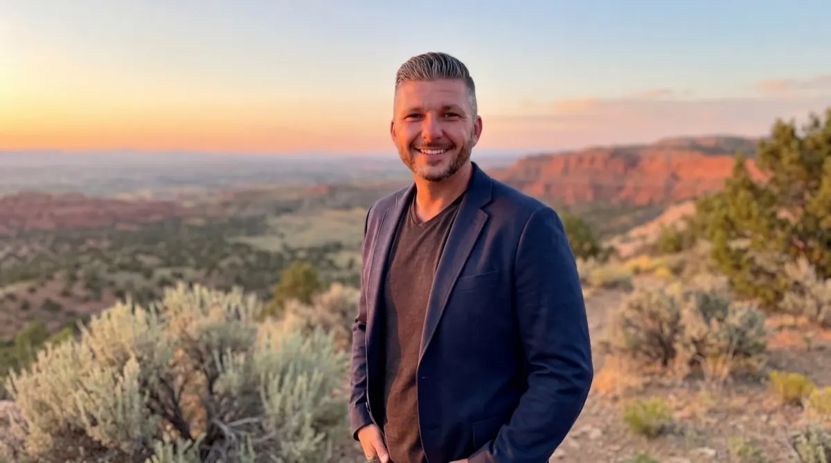 Evan Van Dyke standing in a desert landscape at sunset