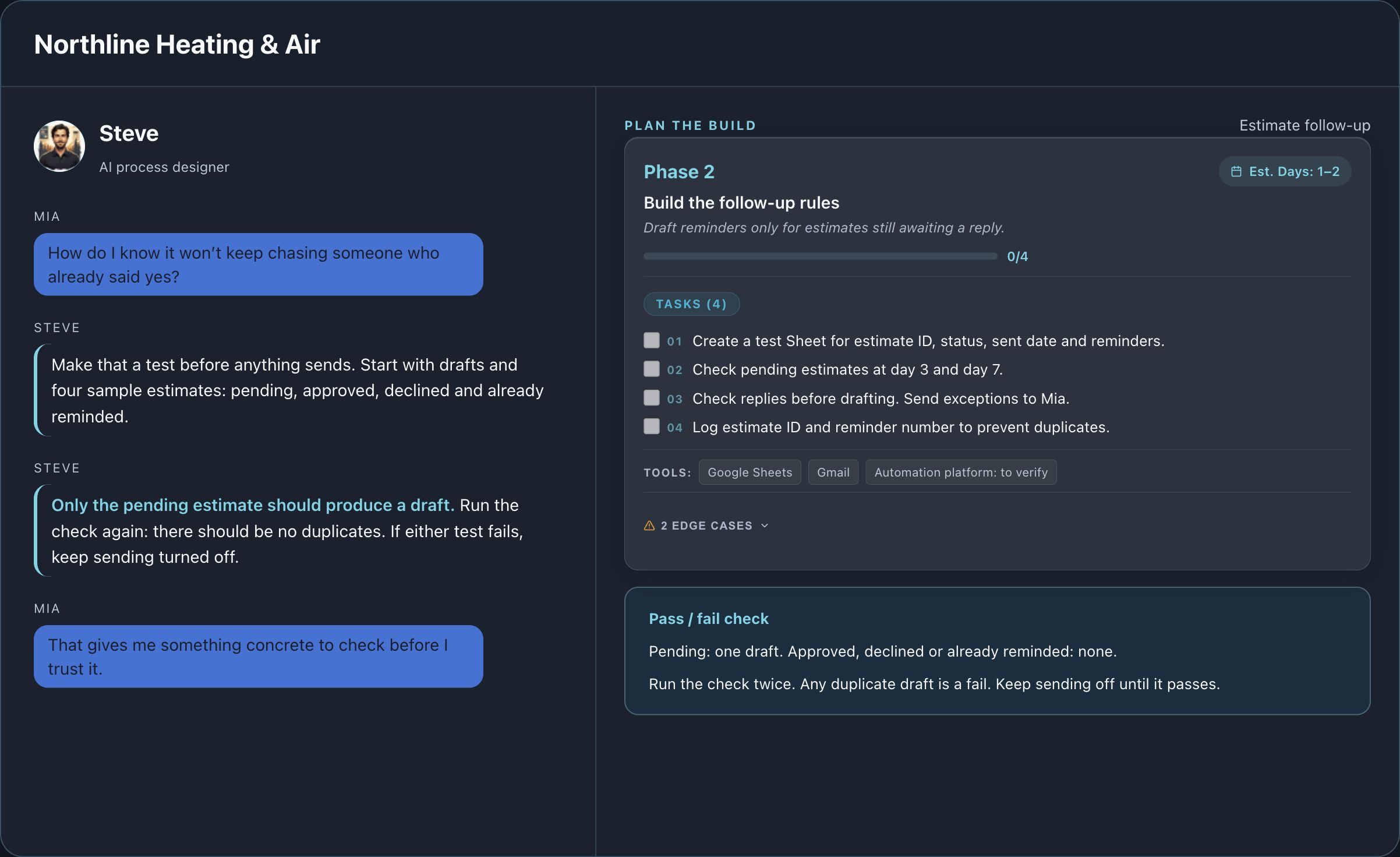 The phased build plan gives specific actions and checks for pending, approved, declined and already-reminded estimates before sending is enabled.